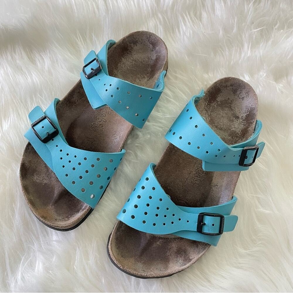 Birkis by Birkenstock | Women’s Freeport Sandal Blue Slip-On Leather Cork Narrow